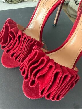 Red Ruffle Suede Stiletto Heels - Women's Evening Sandals